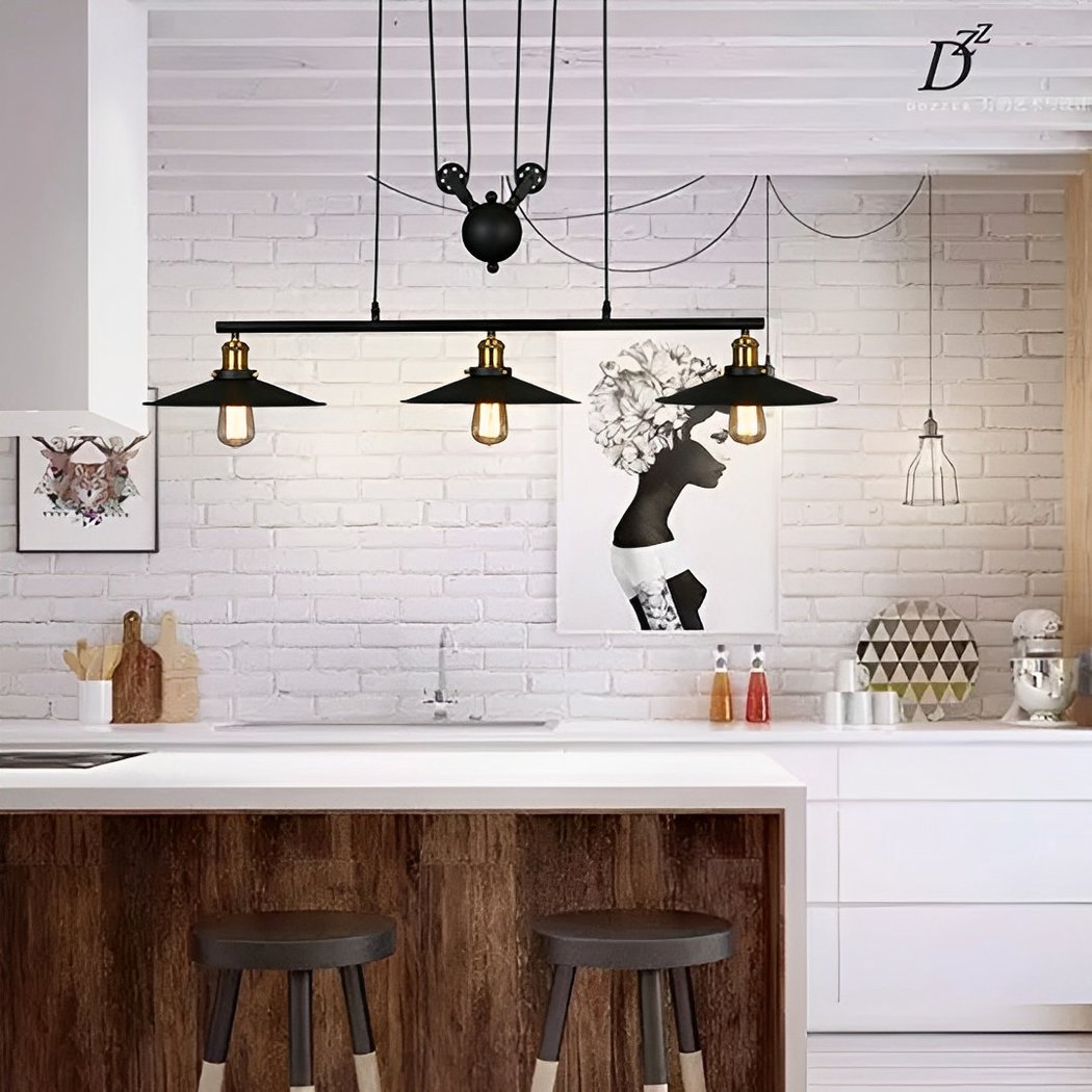 3-lamp vintage black industrial suspension with black metal pulley