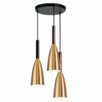 Ceiling chandelier with round base and three gold-tone conical shades, suspended by a cable. On a white background.