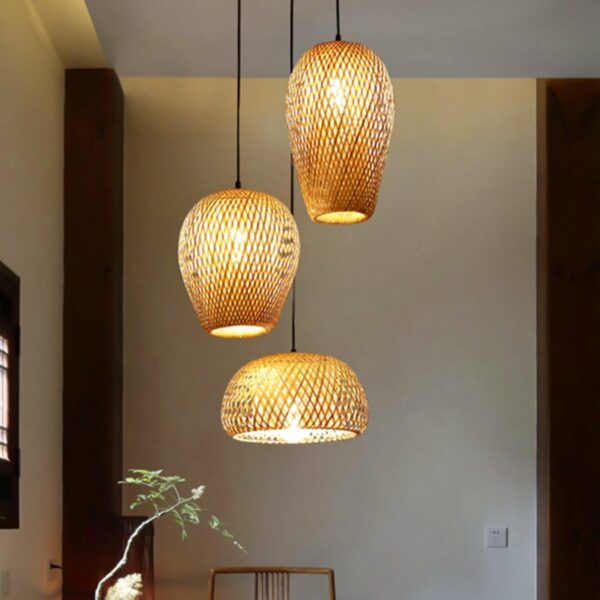 Hand-woven wicker LED pendant light in a dining room
