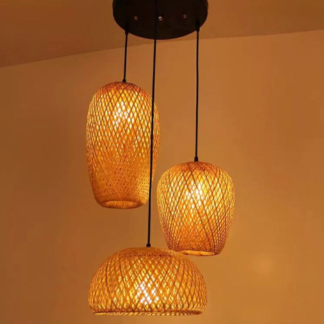 3-light LED hanging lamp in hand-woven wicker
