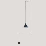 Minimalist modern pendant with decorative exposed wire presented on a grey wall