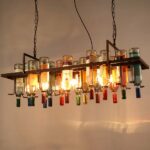 Rectangular wrought-iron chandelier with upside-down bottles