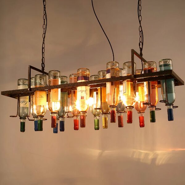 Rectangular wrought-iron chandelier with upside-down bottles