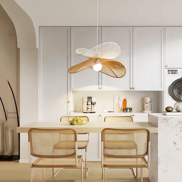 Bali hanging lamp in hand-woven aerial rope in a kitchen above a dining table