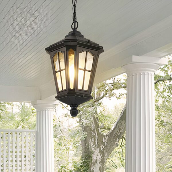 A black outdoor chandelier with a retro lantern effect can be seen hanging from the ceiling of a terrace.