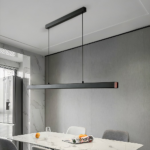 Black LED billiard chandelier with modern, sleek design on a grey background