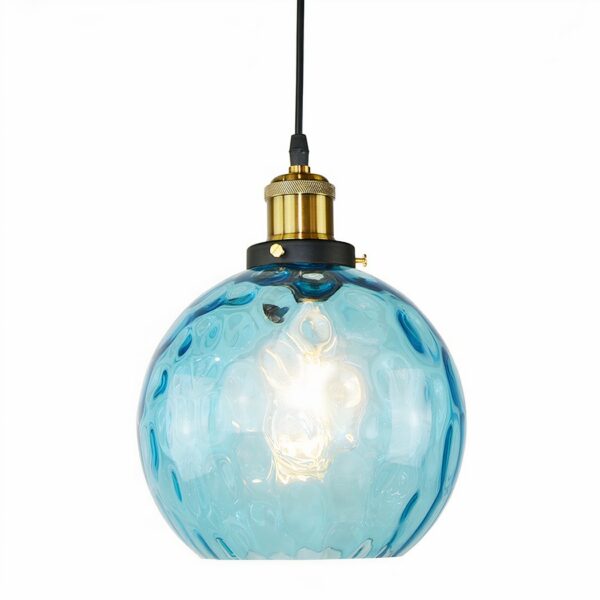Blue LED glass ball suspension on white background