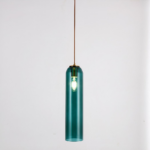 Blue suspension lamp in modern Nordic glass design on a grey background