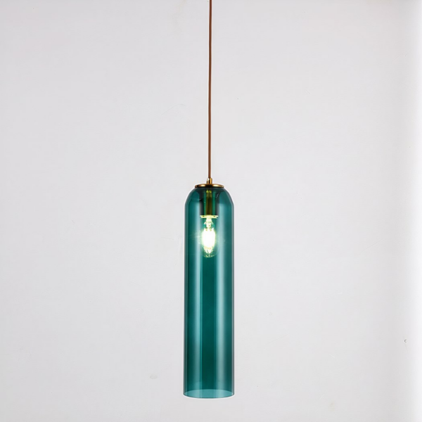 Blue suspension lamp in modern Nordic glass design on a grey background