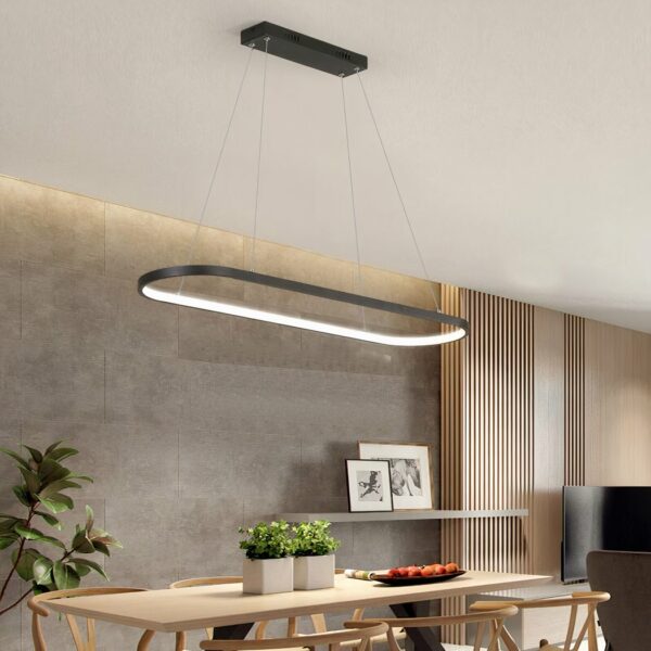 Contemporary oval LED pendant over a dining table