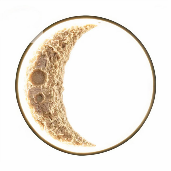 A half-moon-shaped wall sconce is set against a white background.