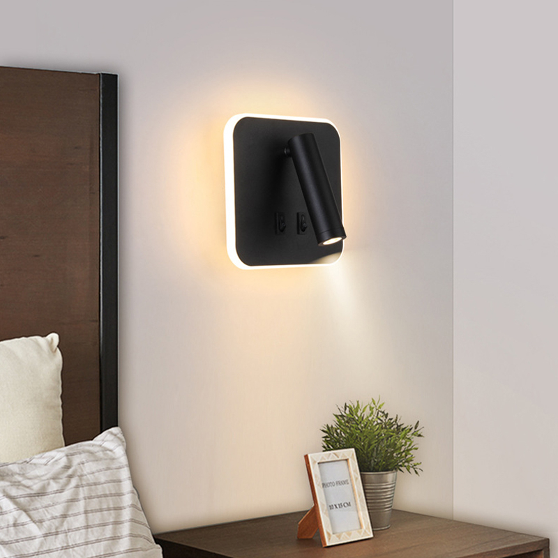 Flat wall light with switch hanging over a bedside table
