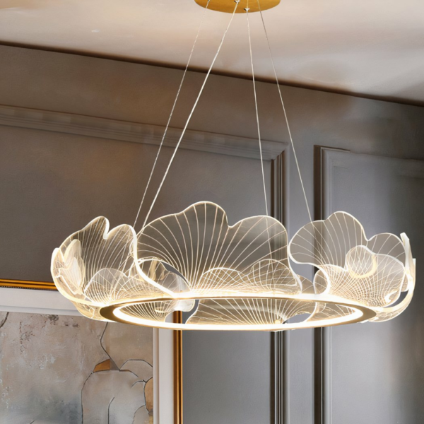 Giant transparent leaf chandelier in a modern, minimalist Nordic design