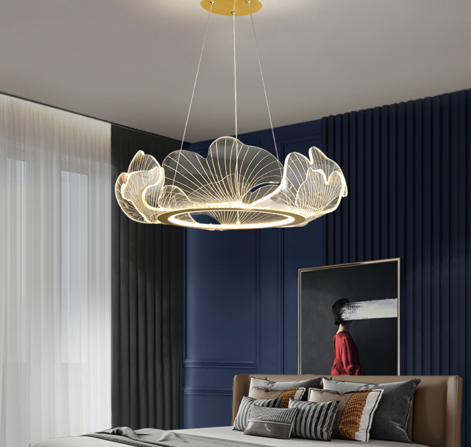 Giant transparent leaf chandelier in a modern, minimalist Nordic design
