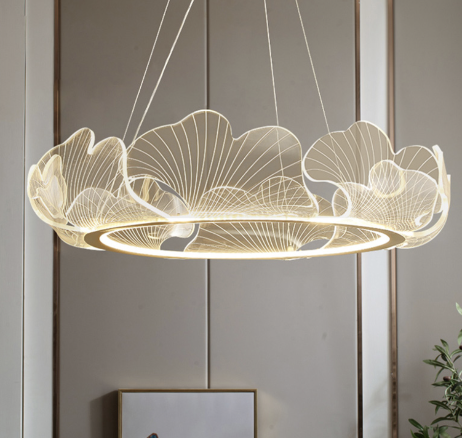 Giant transparent leaf chandelier in a modern, minimalist Nordic design