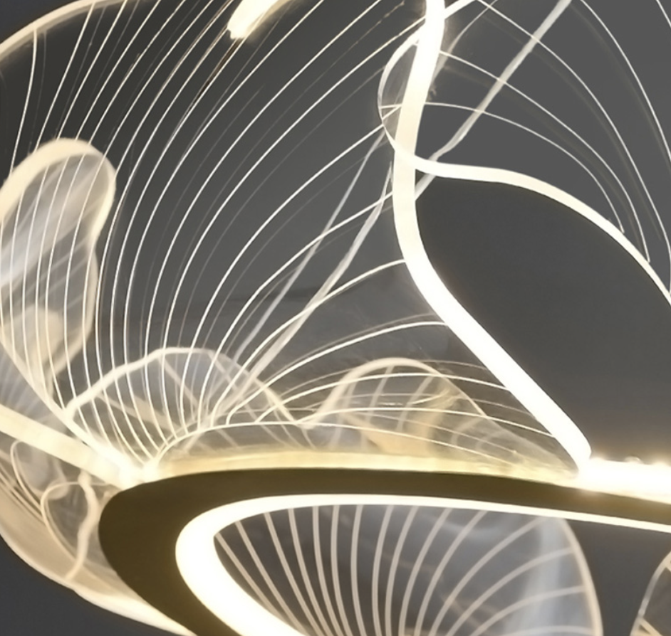 Giant transparent leaf chandelier in a modern, minimalist Nordic design