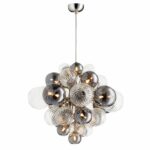 Hanging chandelier with cluster-shaped glass balls. Composed of gray and transparent balls of different sizes. On a white background.