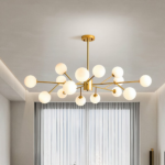 Modern fifteen-head gilded iron chandelier with curtains on a grey background
