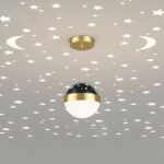 Hanging lamp for nursery with starry sky projection, blue and gold ball