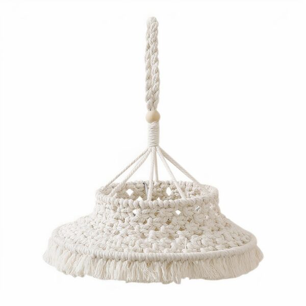 Hanging lamp in natural bohemian macramé, white, suspended from a rope