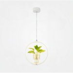 White circle LED lamp, suspended, with vase and plant in the light circle. On a white background.