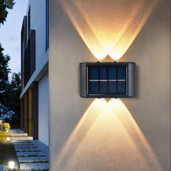 Horizontal solar LED outdoor wall light on a garden wall