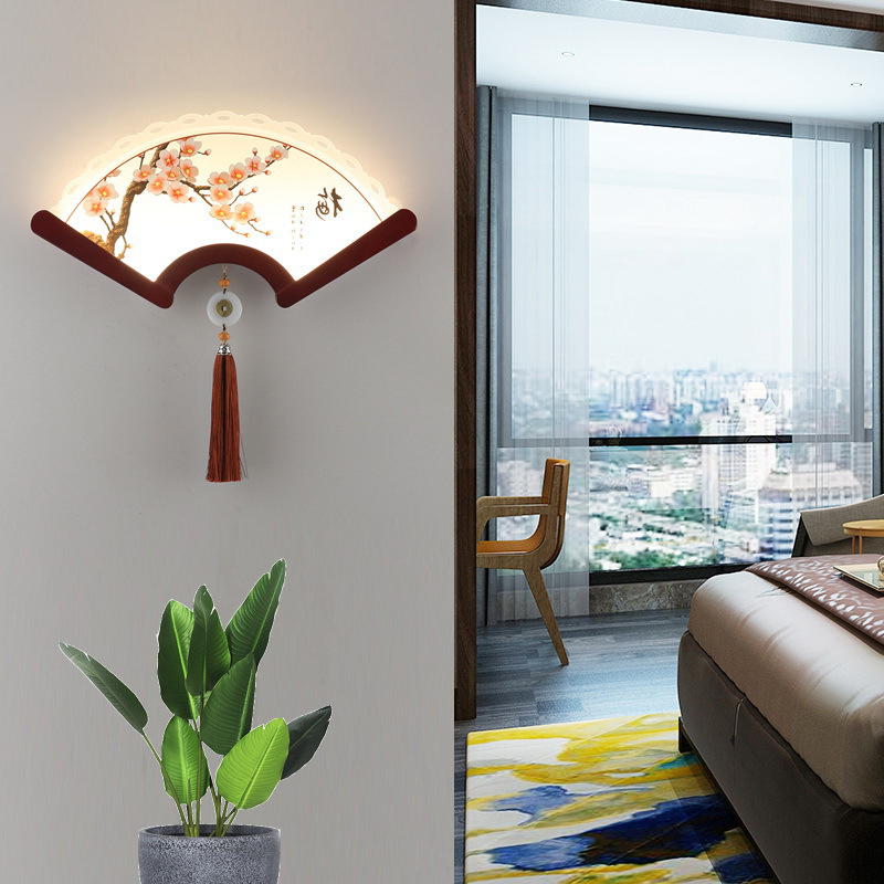 Japanese LED retro fan-shaped wooden wall lamp
