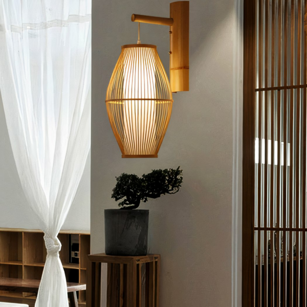 Japanese-style bamboo wall sconce in brown, suspended from a wooden lantern-style stand, in a room
