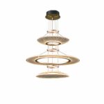Large suspended chandelier, made up of circles, rings and cables. At the top, a ring, followed by a thin, slightly conical circle upwards, followed by another ring, then a large circle, then another ring, then another slightly conical circle. On a white background.