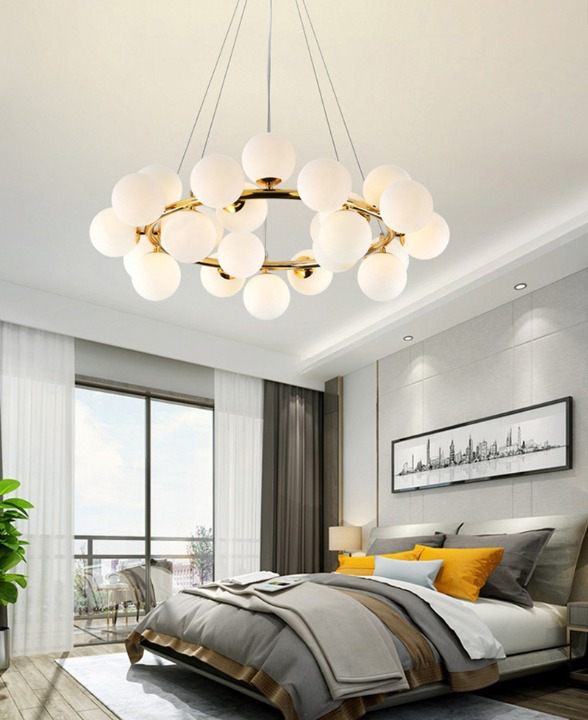 LED cluster suspension with white bubbles and gold structure