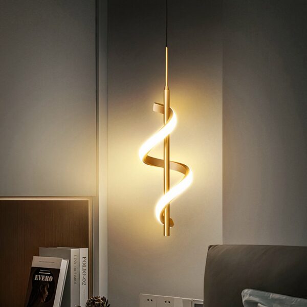 LED design room pendant, suspended on a black rod and gold-coloured lamp