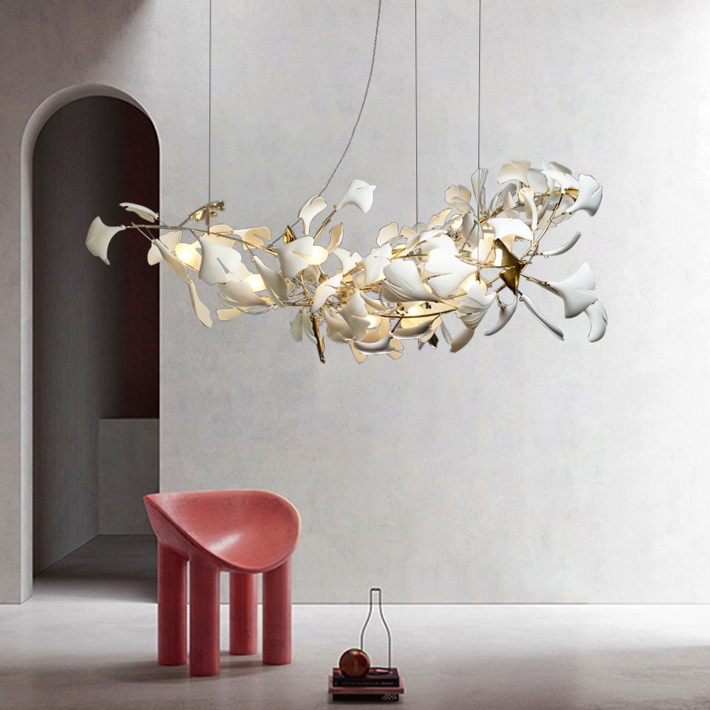 Slim, elegant white leaf suspension presented on a black background