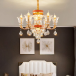 Luxurious modern Italian-style chandelier on grey background with two white pictures