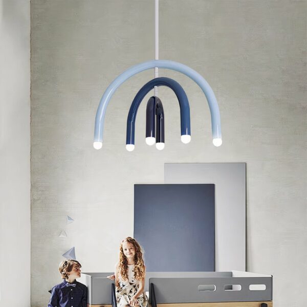 Minimalist rainbow LED children's chandelier in a minimalist bedroom with two children