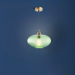 Modern-style green hanging lamp in glass on a dark blue background