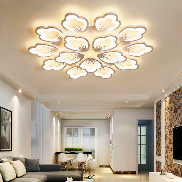 Modern metal LED petal chandelier in a room with beige background