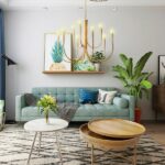 Nordic-style alloy chandelier in a grey living room with tables and sofa