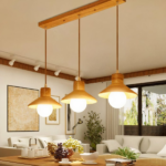 Nordic-style wooden hanging lamp, consisting of 3 wooden hanging lamps in a dining room