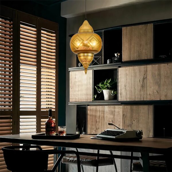 Oriental hanging lamp with rounded retro design in a dining room above a table