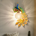 On a white wall, a peacock-shaped mural.