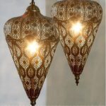 Retro Moroccan hanging lamp in the shape of a drop, presented in two lit versions