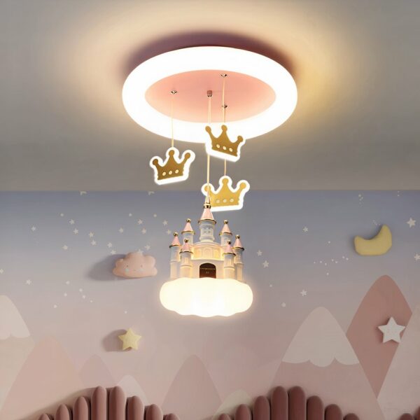 You can see a chandelier on the ceiling with a castle and crowns. Perfect for a girl's room.