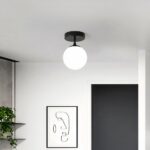Round glass and iron LED bathroom ceiling light on grey background with picture