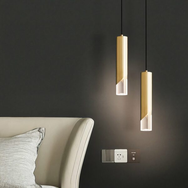 Nordic semi-transparent tubular living room pendant next to a white sofa