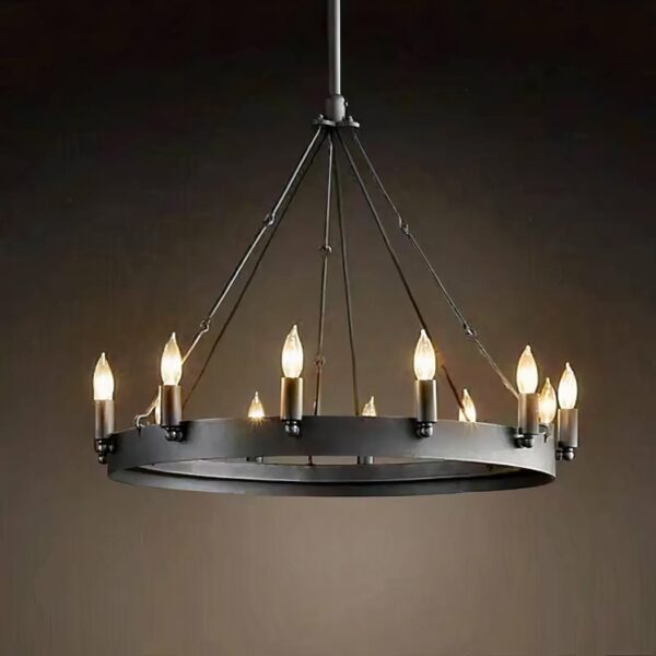 On a black background, a large vintage-style black ceiling light.
