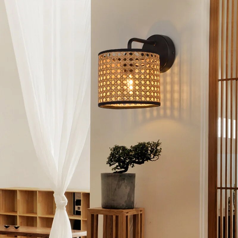 Vintage Japanese-style rattan wall lamp