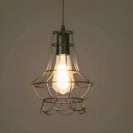 Black metal chandelier in retro American vintage style. With a shape typical of the American workshops of the time. And a lit retro bulb. On a brown background.