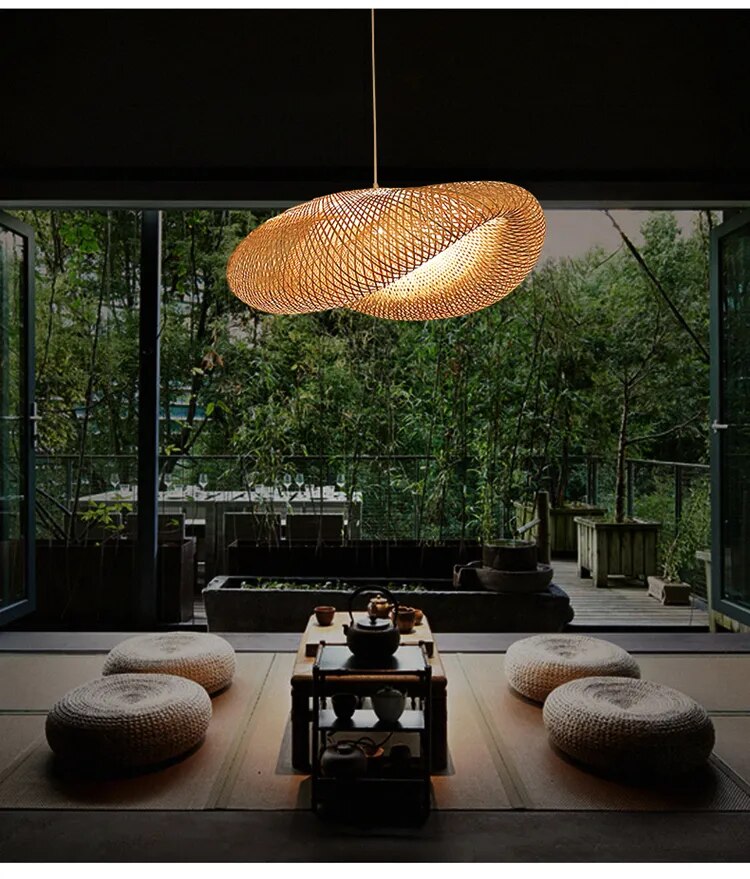 Bamboo chandelier with large airy shade and modern design