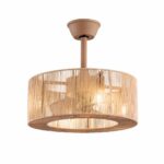 Ceiling fan chandelier, beige, in braided rope. With light bulbs. White background.