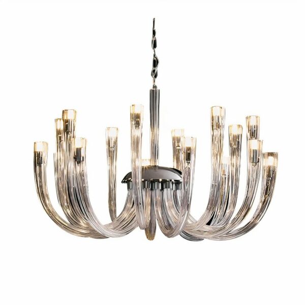 Transparent chandelier with upward-curving glass branches. At the end of each branch, inside, is a light bulb. On a white background.